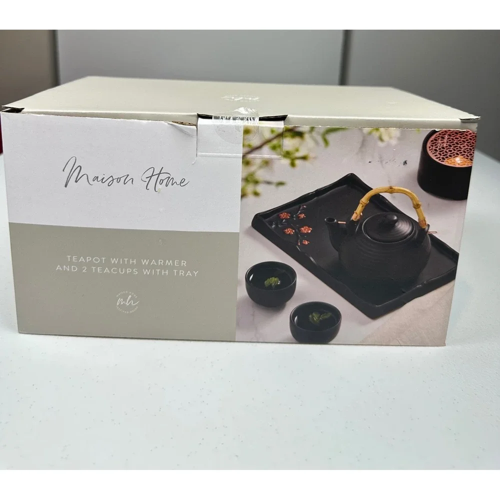 Maison Home Matte Black Ceramic Tea Set Teapot Warmer 2 Cups Tray Cherry Blossom